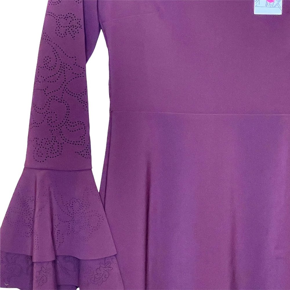 PARKER Orlando Laser Cut Bell Ruffle long Sleeve Dress Raisin Sheath Red 0 New - Picture 3 of 14